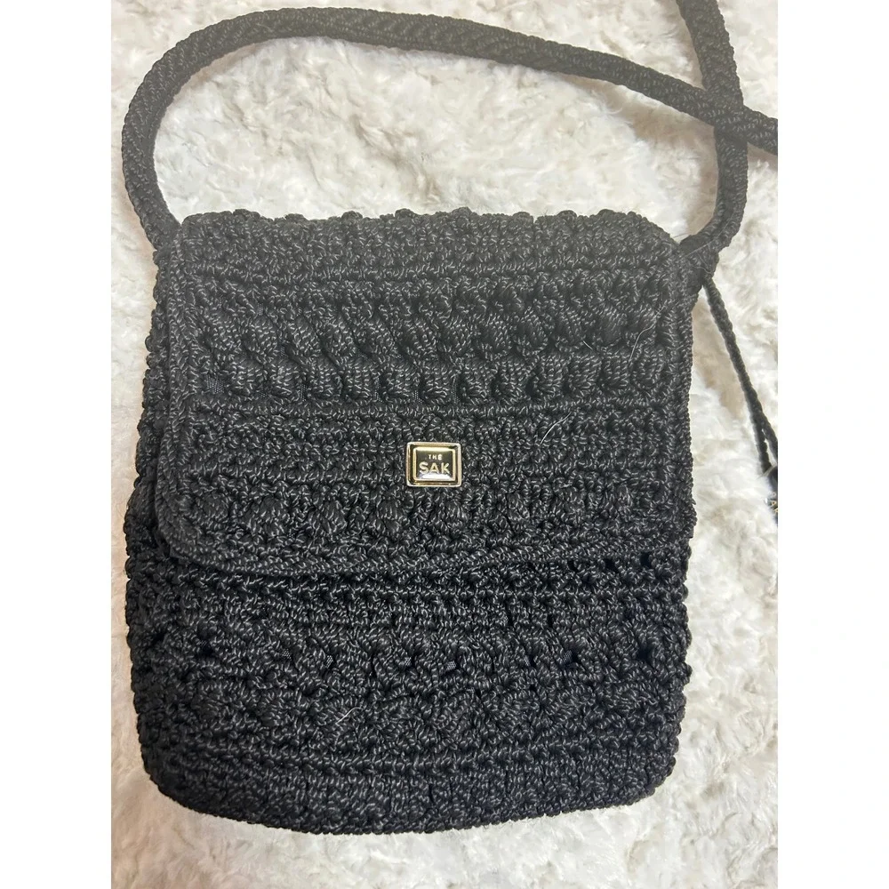 The Sak Black‎ Crochet Crossbody Bag Small Shoulder Purse With Tassel
